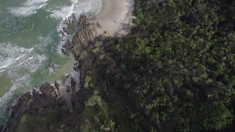 Fliegen-Sie-über-Den-Dichten-Tropischen-Regenwald-Mit-Abgelegenen-Stränden-Im-Naturschutzgebiet-Broken-Head-In-Der-Nähe-Von-Byron-Bay,-NSW,-Australien