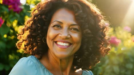 woman with curly hair smiles joyfully outdoors in a garden. wearing a teal shirt and hoop earrings, she radiates happiness as sunlight shines behind her, creating a vibrant atmosphere