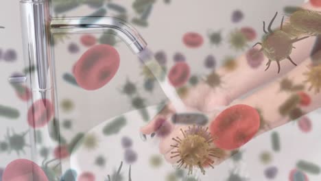 Animation-Von-Makroviren-Und-Covid-19-Zellen,-Die-Sich-über-Eine-Kaukasische-Frau-Ausbreiten,-Die-Sich-Die-Hände-Wäscht