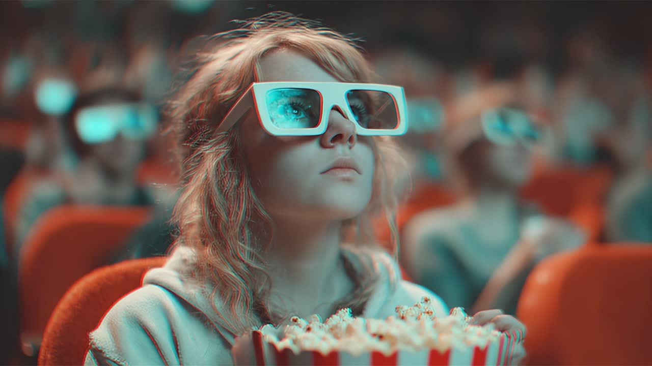 Pubblico incantato: una giovane spettatrice si gode un'esperienza coinvolgente in 3D con popcorn in mano mentre la magia cinematografica si dispiega intorno a lei