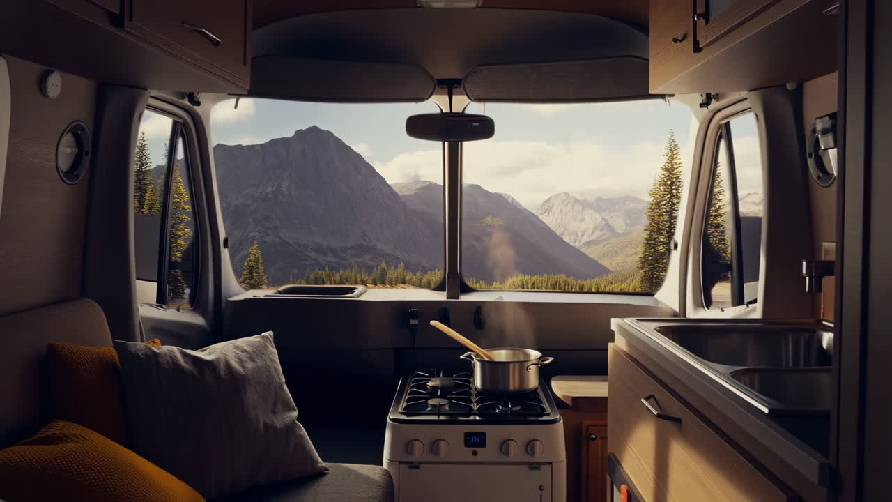 Cozy Camper Van Interior with Mountain View