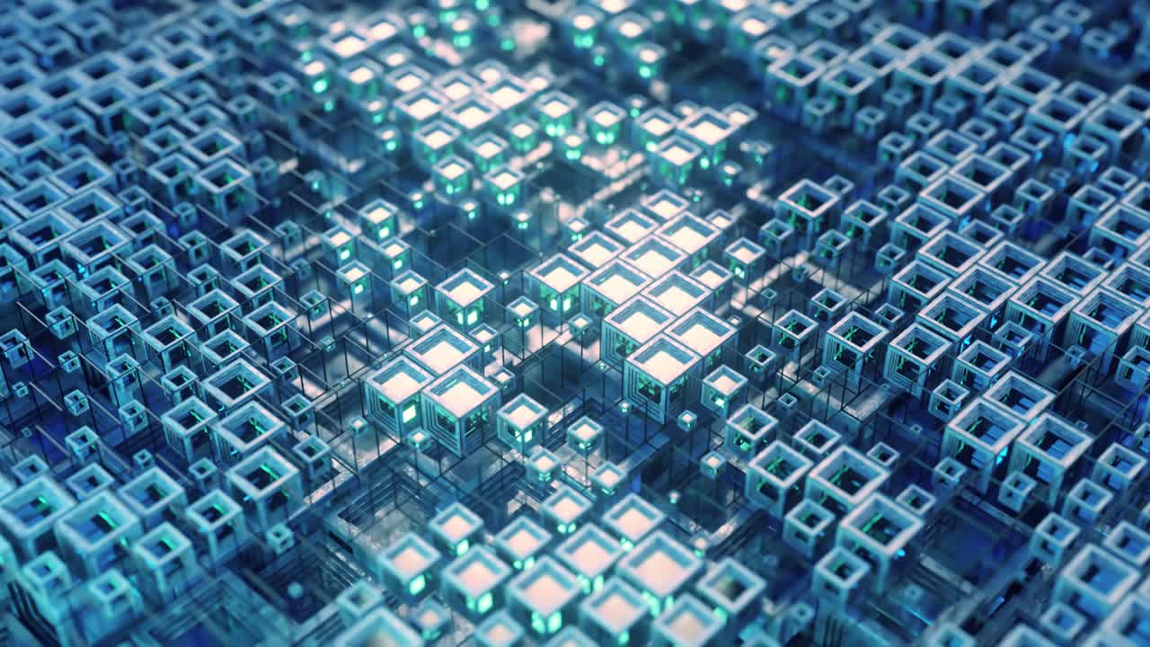 animación 3d de coloridas filas de vidrio de cubos flotando a través del prog en 4k, creando una textura de tecnología de fondo gráfico abstracto. renderizado 3d de bucle sin costuras. color azul
