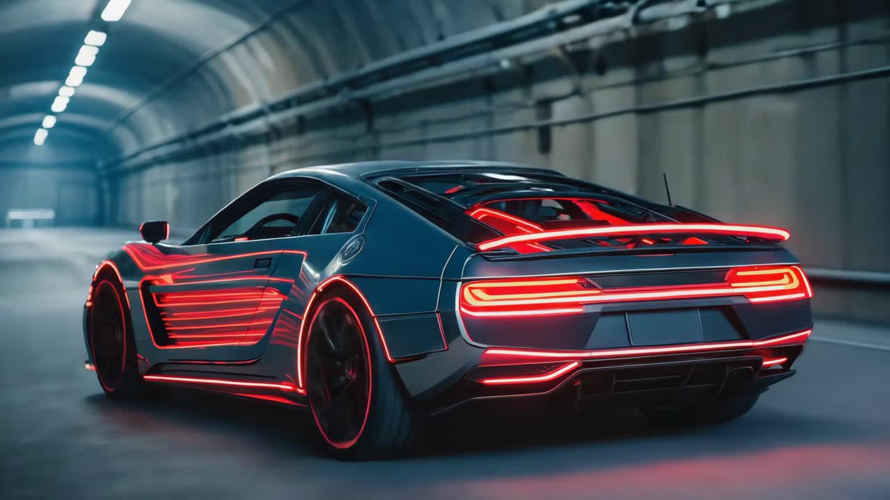 Futuristic Sports Car with Red Neon Lights in a Tunnel