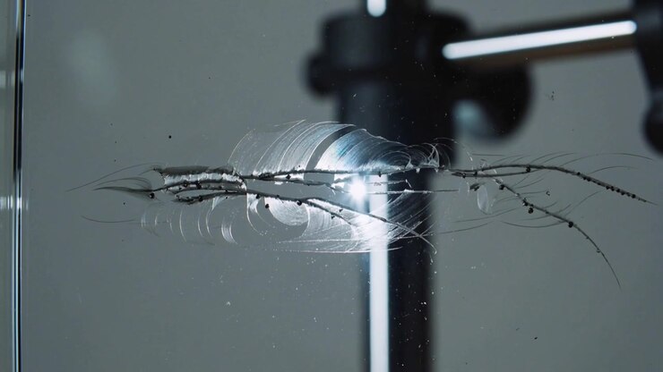 Impact spot intensifying, crack spreading across tempered glass pane in lab, clamp and rod visible