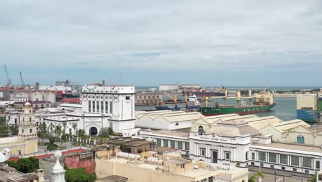 Aerial-scenic-view-of-the-historic-and-vibrant-port-of-Veracruz,-Mexico,-with-its-bustling-docks-and-maritime-activity