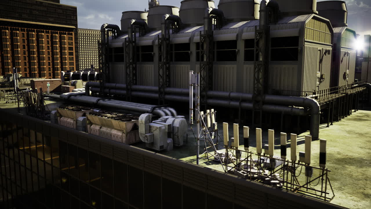 Industrial cooling system on rooftop during daytime in urban area