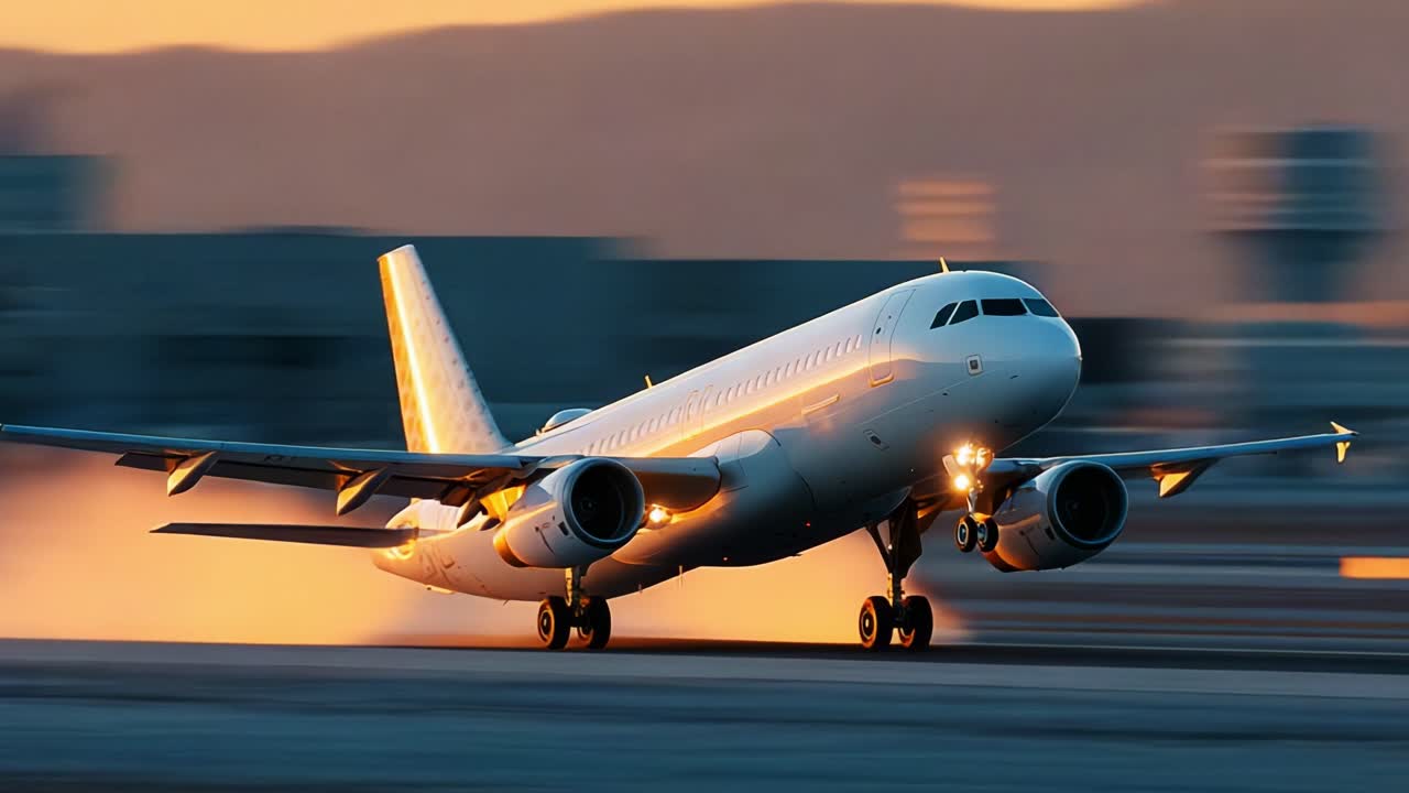 A Stunning Hybrid View of an Airplane Taking Off at Sunset, Capturing the Perfect Moment of Flight with Dynamic Lighting and Precision Engineering in Action