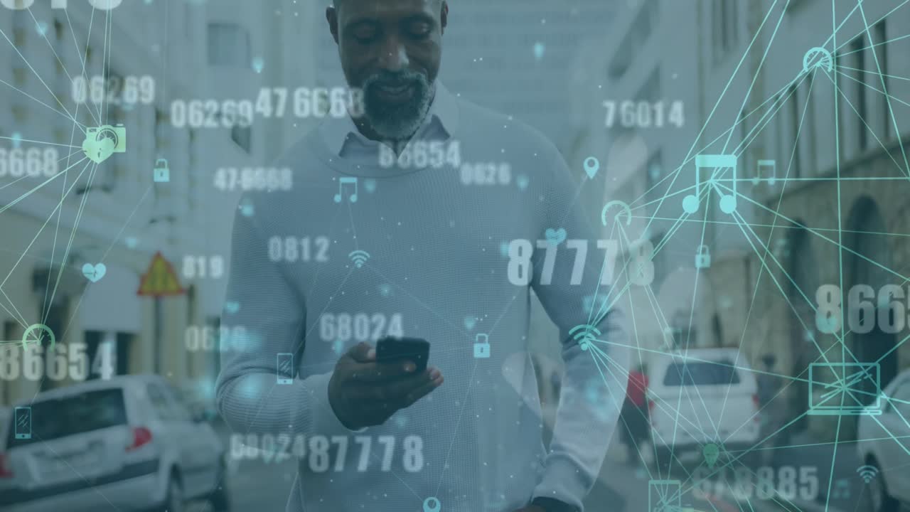 animazione di icone collegate globi e numeri, uomo afroamericano anziano che parla al cellulare