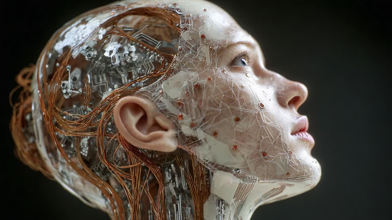 A Stunning Fusion of Humanity and Technology: Exploring the Intricate Design of a Hyper-Realistic Cyborg with Exposed Circuitry and Detailed Features