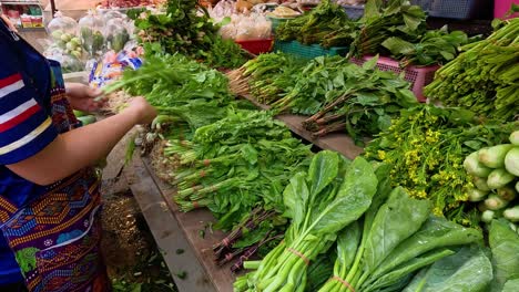 person organizing vegetables at a market stall