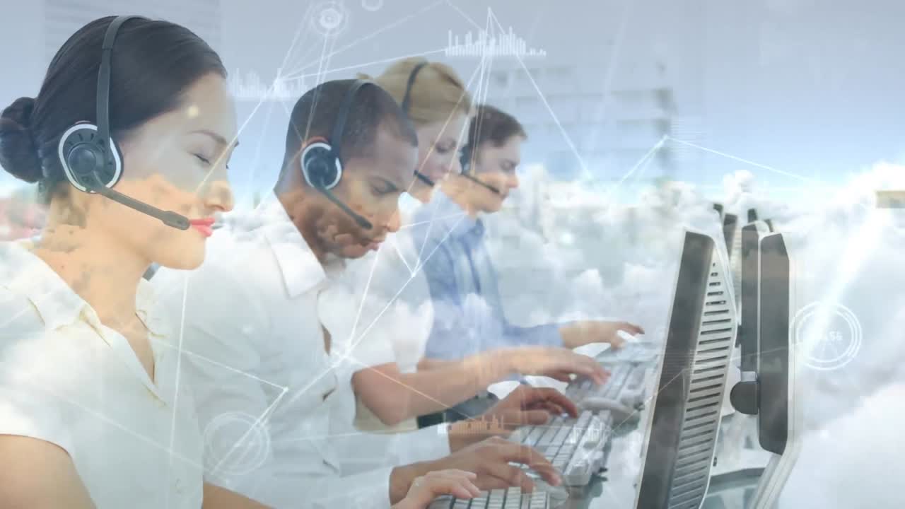 전화 헤드 ⁇ 을 착용한 사업가들에 대한 연결 네트워크의 애니메이션