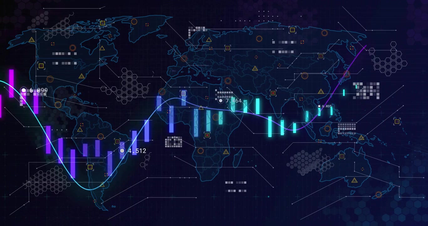 Animated global chart reacting to data update, bars shifting and trend rising to show growth