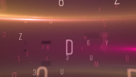 digital animation of alphabets and numbers moving and changing against purple background