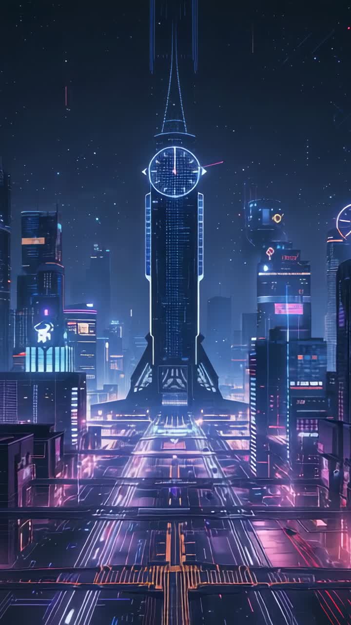 Vertical video: Pulsing central clock tower drawing camera forward across neon lanes, rain falling