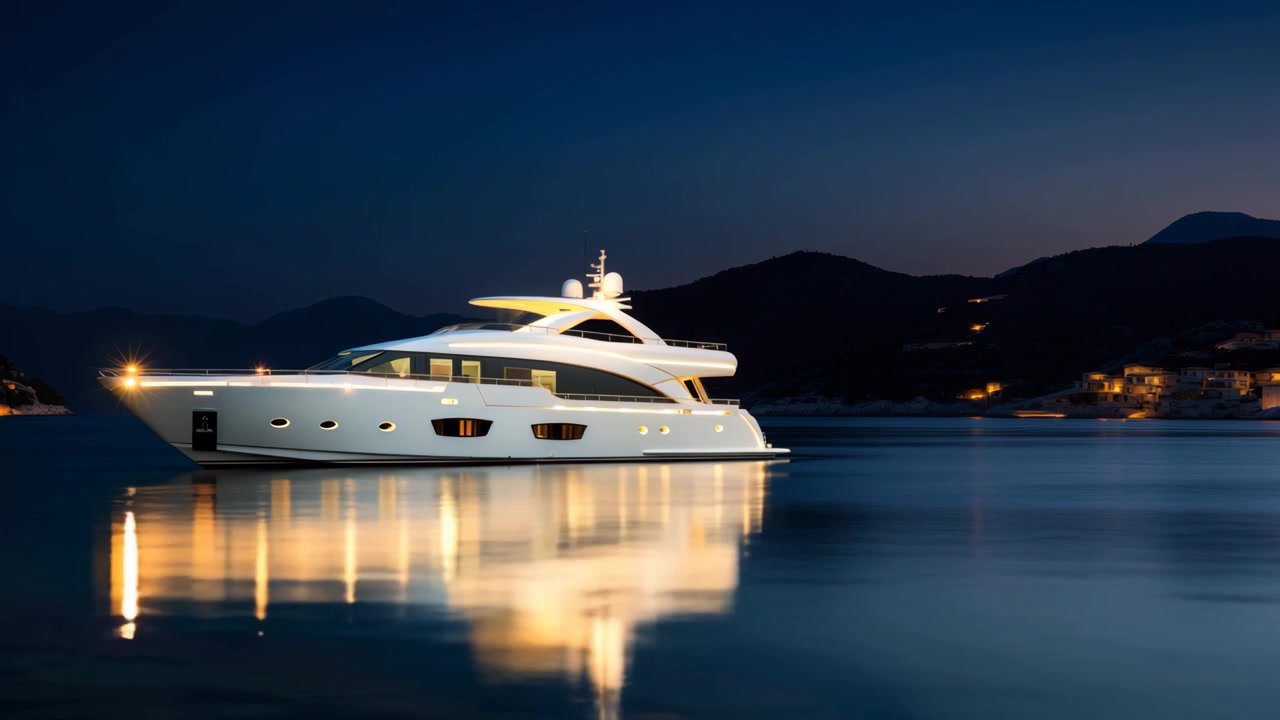 Yacht di lusso illuminato di notte che si riflette su acqua calma
