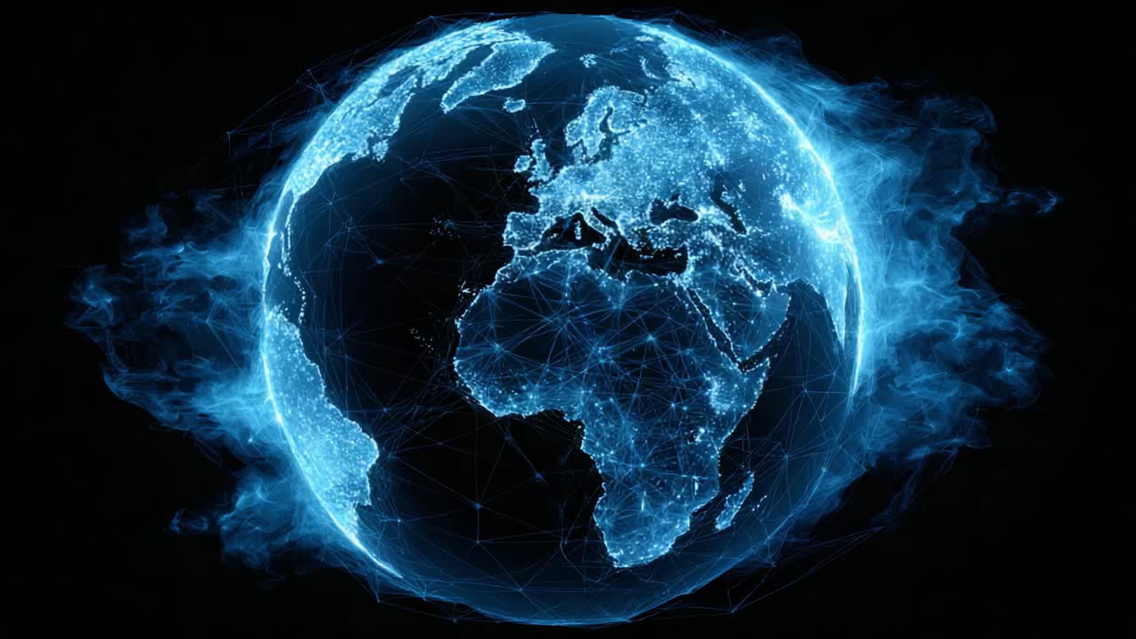 Opplyst globalt nettverk: En imponerende visuell fremstilling av jorden forbedret med blå digital energi og tilkoblingsrepresentasjoner, som viser kontinenter og teknologiintegrasjon