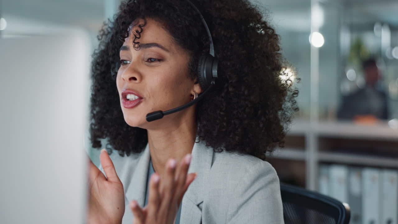 Computer, call center and funny woman in customer