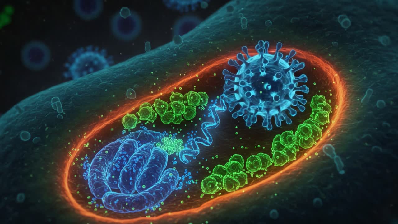 Detailed Visualization of Cellular Activity: Exploring the Intricate Interactions of Genetic Material within the Mitochondria and Surrounding Structures in Living Cells