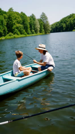 father and son fishing together on a lake