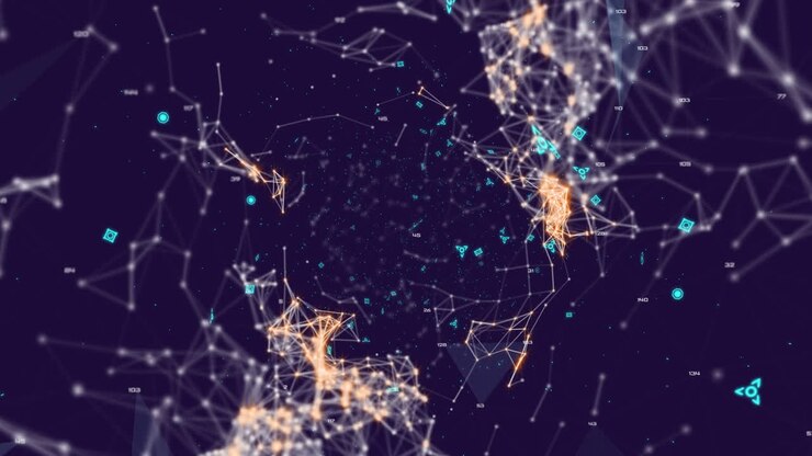 Animation of network of connections with shapes on black background