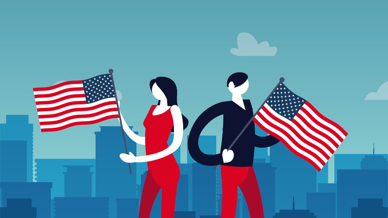 People Holding American Flags in a City