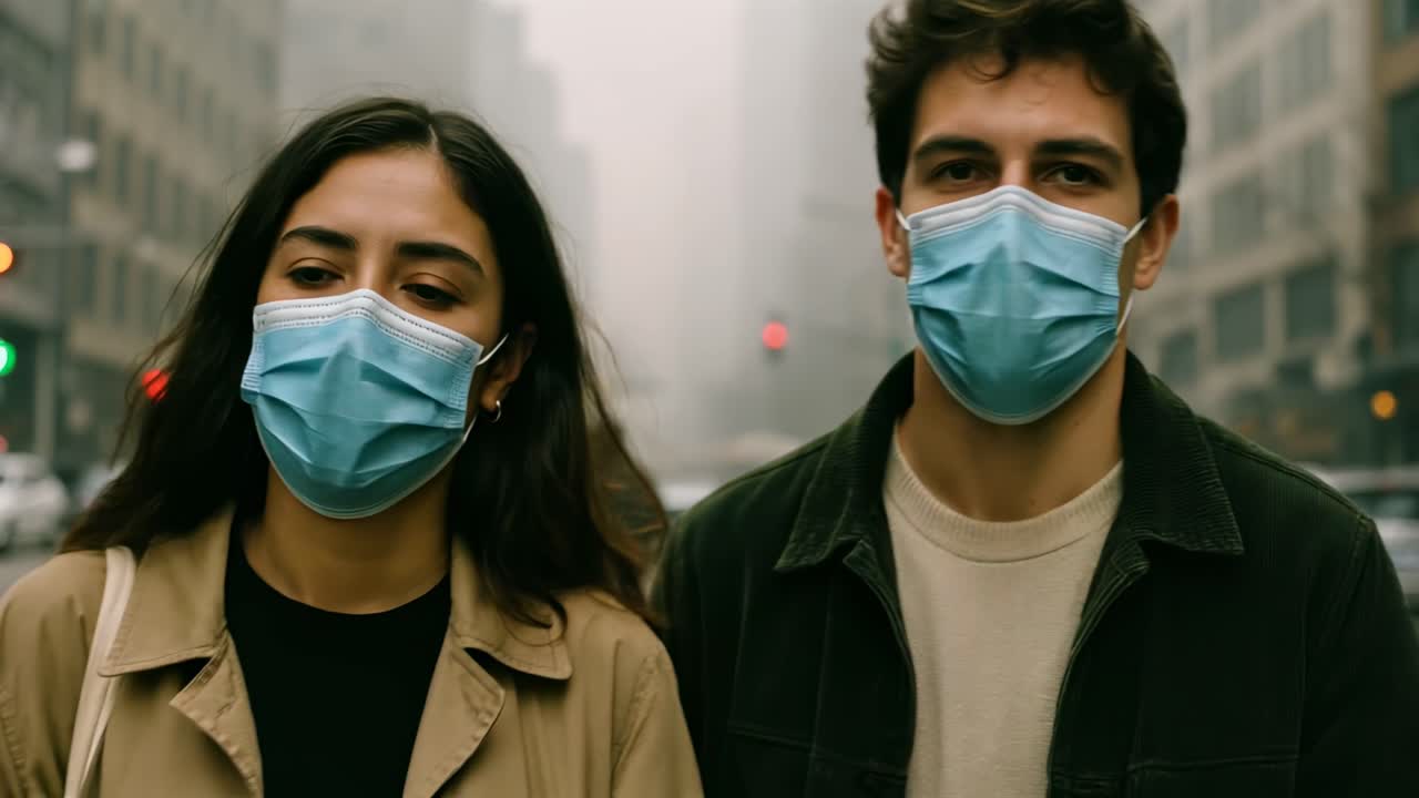 A video still shows two people wearing masks on a foggy city street
