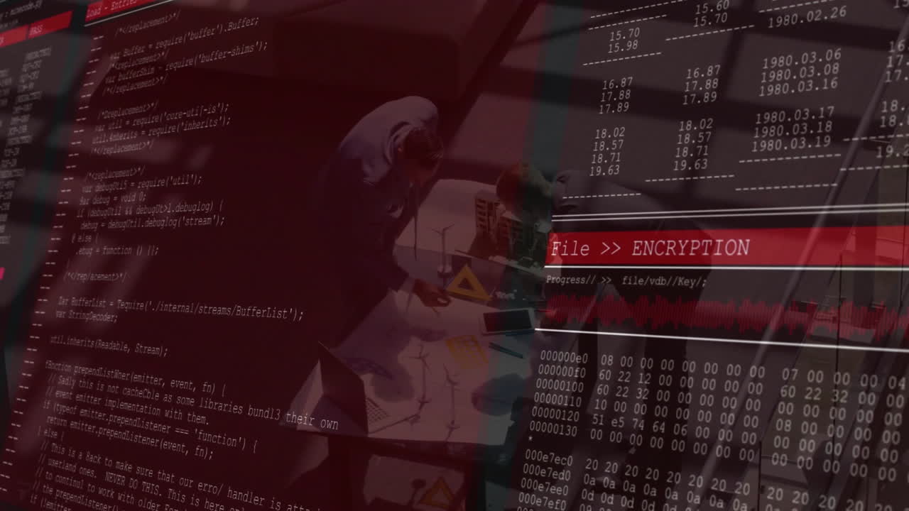 Animation of computer code overlaying people working at table in school setting