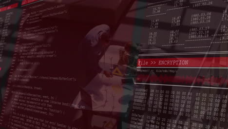 animation of computer code overlaying people working at table in school setting