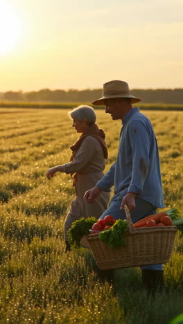 Elderly Couple Farmers Walking Through Dewy Field at Sunrise with Basket of Vegetables