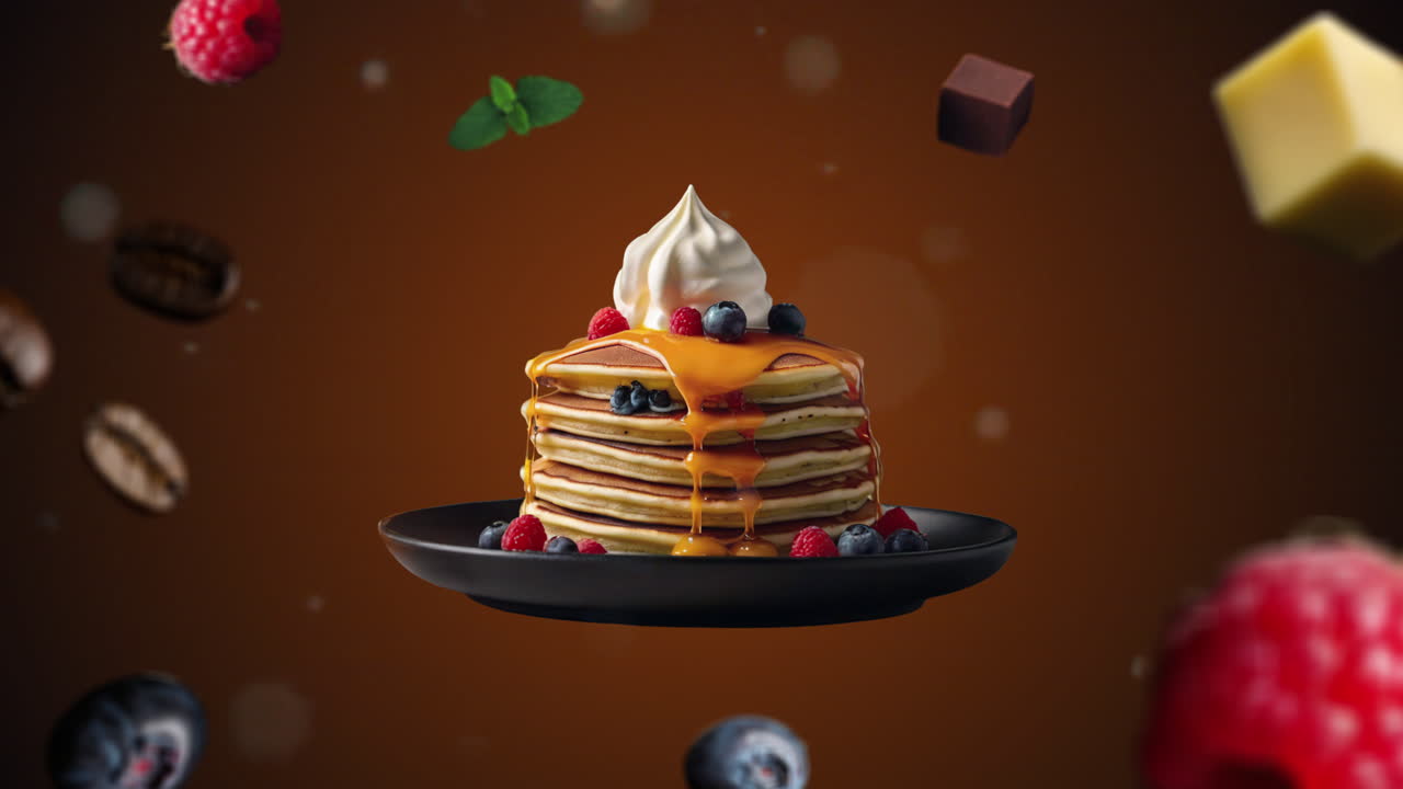 크림 애니메이션 인트로와 함께 다채로운 팬케이크 광고 또는 마케팅을 위해 어두운 오렌지색 배경에 레스토랑에 대한 디저트의 재료가 공중에 날아가는 - 가격 또는 판매를 추가하십시오.