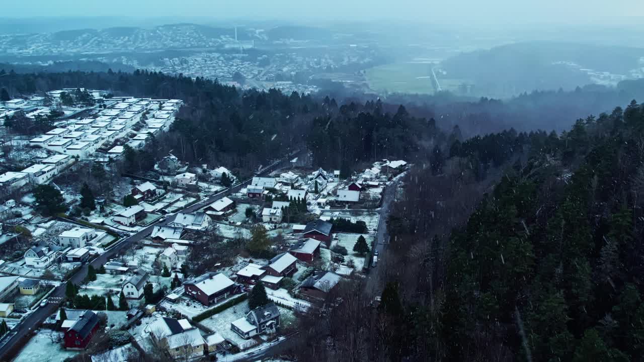 Snow-Covered Villas In A Residential Area During Winter Near Bergsjön, Gothenburg. Aerial Shot