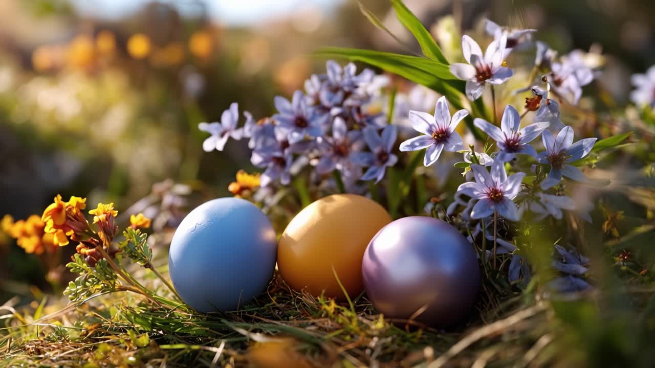 Easter eggs nestled among spring flowers. Soft sunlight highlights colorful eggs. Wildflowers bloom around eggs in grass. Scene evokes joy and renewal. Perfect for Easter, spring