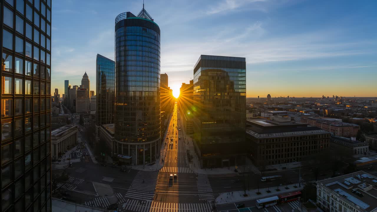 Enquadrando a avenida central, o nascer do sol faz com que ele se mova entre dois edifícios de escritórios, produzindo reflexos