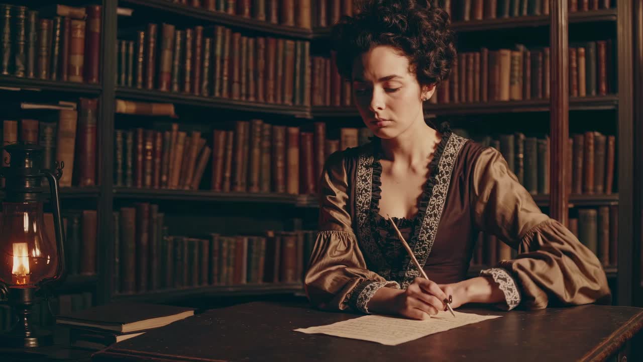 Una scena video in stile vintage di una donna che scrive in una biblioteca in penombra.