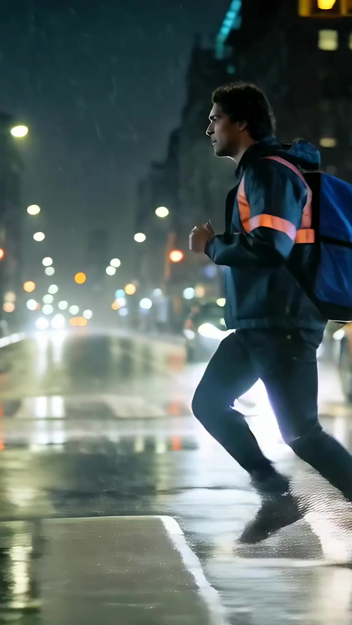 Vertical video: Running man in coat crossing wet road as orange hand with blue backpack, copy space