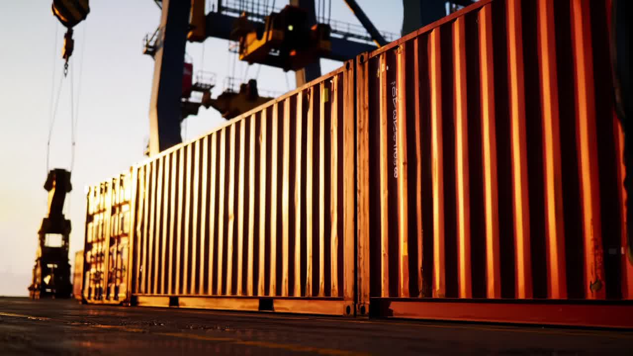 A Sunset View of Industrial Shipping Containers Stacked and Positioned, Highlighting the Colors and Textures of Containerization in a Dynamic Port Setting
