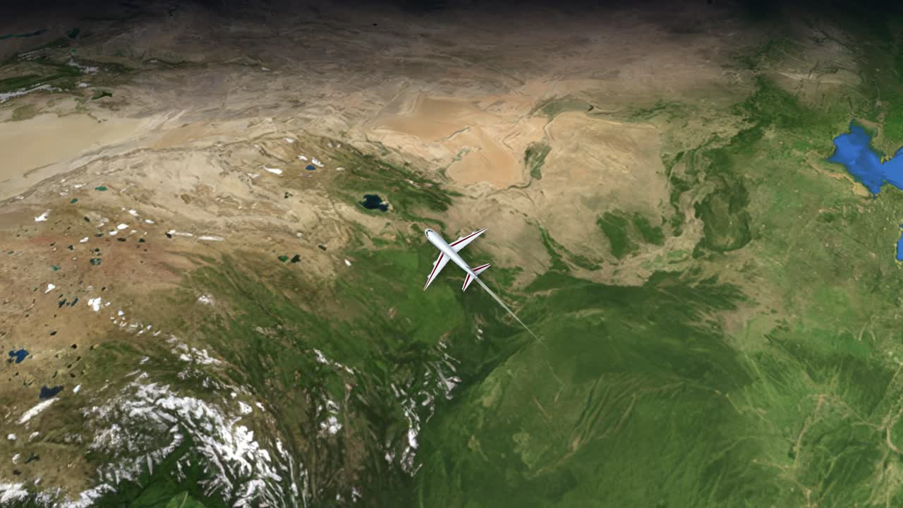 Satellitvy-animering följer ett kommersiellt flygplan som flyger från Guangzhou, Kina till London, Storbritannien.