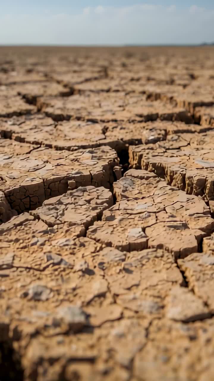 Video verticale: telecamera in movimento che rivela placche di fango crepato su una spiaggia sabbiosa, fessura centrale che ne mostra le dimensioni