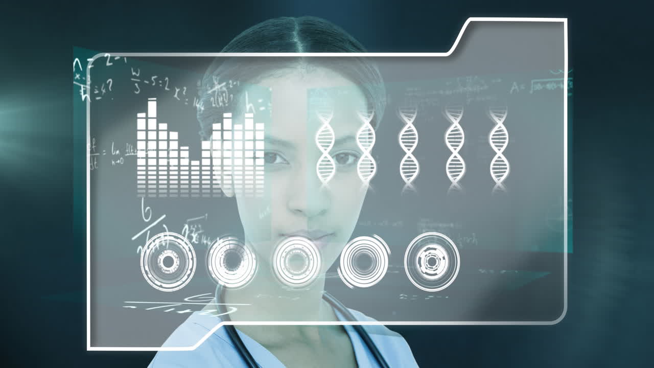 interfaz médica sobre una doctora contra ecuaciones matemáticas en fondo verde