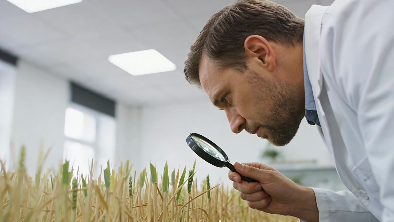 Approaching scientist in white lab coat examining wheat tray in lab, using magnifier for study