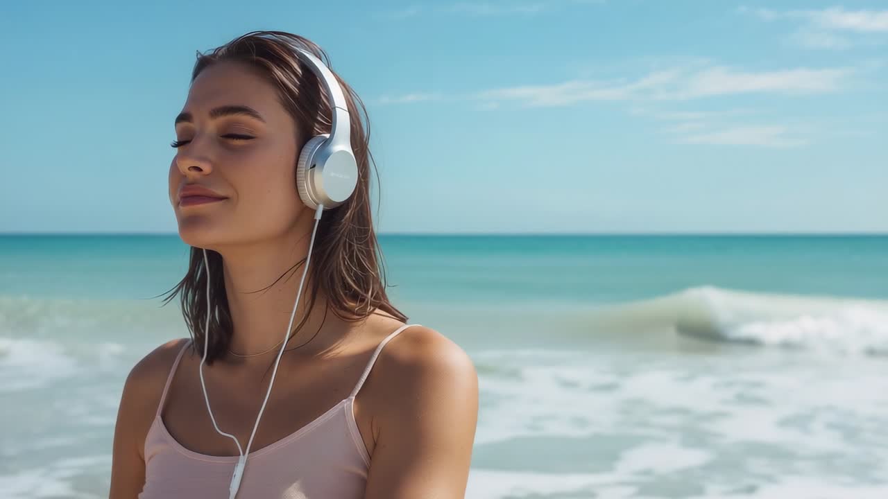 Donna in piedi che si rilassa sulla costa, la brezza le sposta i capelli, indossa un top rosa e cuffie bianche
