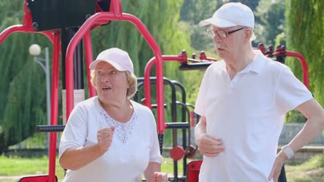 elderly couple chatting at an outdoor gym