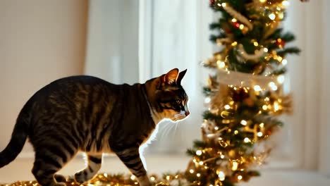 un gato tabby juguetón camina alrededor de un árbol de navidad bellamente decorado adornado con adornos dorados y rojos