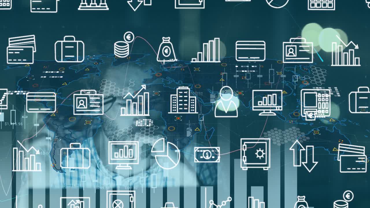 animación de procesamiento de datos e iconos comerciales sobre empresario caucásico usando portátil