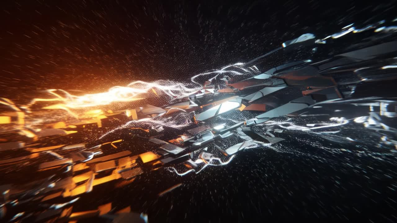 This captivating visual journey showcases dynamic interactions of light and shape within a vast digital universe. Fluid patterns of luminous colors, including striking oranges and deep blues, create an immersive experience. The intricate details emphasize advanced technology in motion, representing 