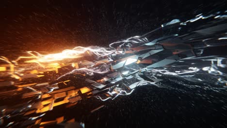 this captivating visual journey showcases dynamic interactions of light and shape within a vast digital universe. fluid patterns of luminous colors, including striking oranges and deep blues, create an immersive experience. the intricate details emphasize advanced technology in motion, representing