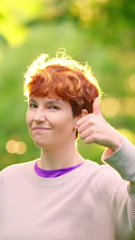 woman with red hair gives thumbs up in sunny outdoor setting