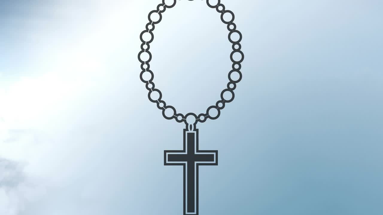 Graphic rosary descending and swaying as breeze prompts clouds drifting and highlighting cross
