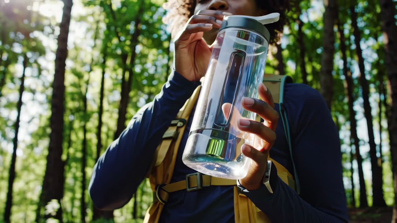 Woman Hiking and Drinking Water in a Forest