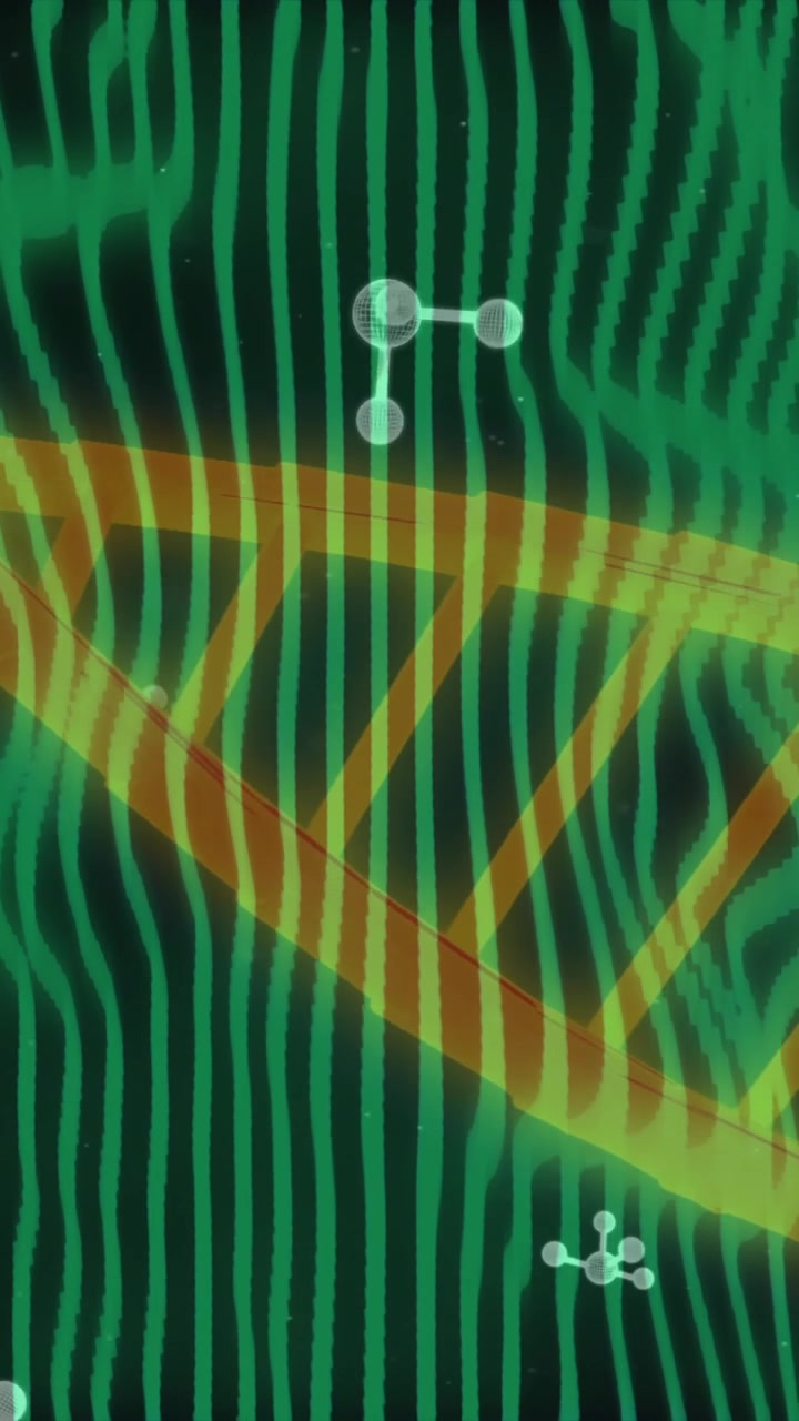 Filamento di DNA e strutture molecolari su onde verdi, animazione scientifica